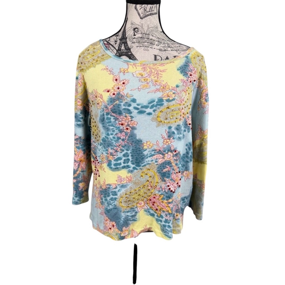 Take Two Cotton Blue and Yellow Floral Long Sleeve Beaded Sequenced Top Size XL